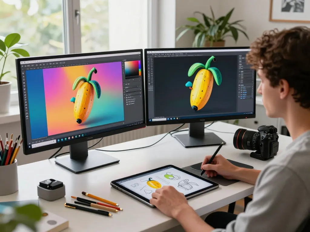 Innovative artist using the nano banana pro AI image editor in a vibrant digital studio.