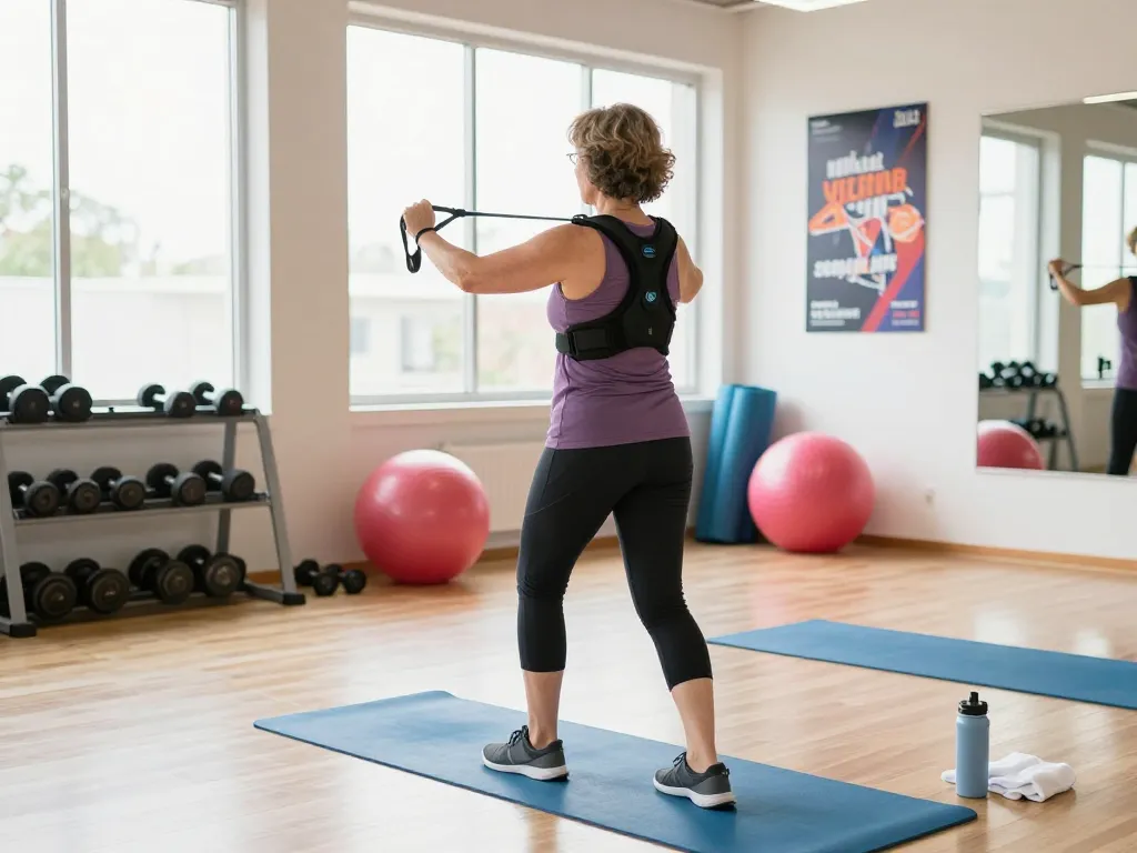 Active individual using the best double shoulder support brace in a bright fitness studio.