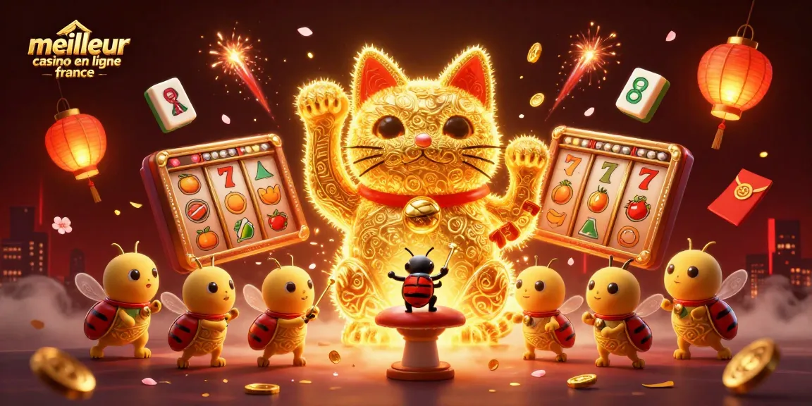 Jouez au meilleur casino en ligne en France avec un chat chanceux animé, symboles de jeux d'argent.
