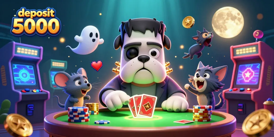 Engage in thrilling games at deposit 5000 with a spooky Frankenstein bulldog dealer and fun casino elements.