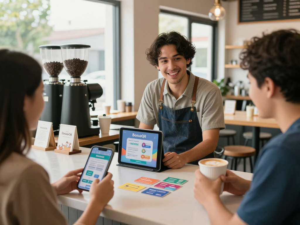 Engaging customer at cafe demonstrating the BonusQR loyalty program app, showcasing the ease of earning rewards.