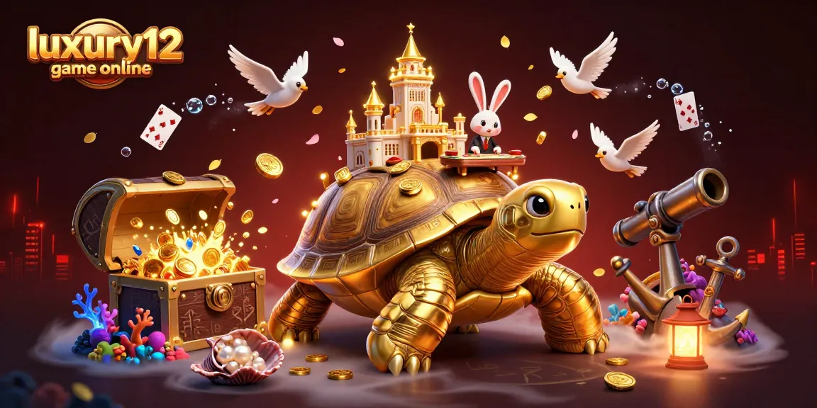 Experience luxury12 game online with a vibrant casino scene showcasing a golden tortoise, rabbit dealer, and flying coins.
