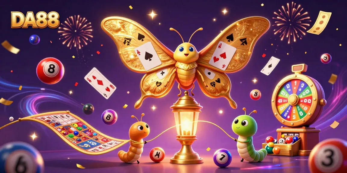 Experience the thrill of DA88 with a vibrant 3D illustration featuring a majestic moth and dynamic casino elements.