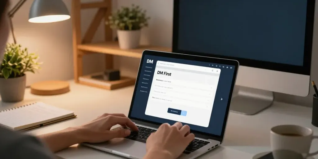 User registering on the DM First platform with a smartphone, focusing on Dm first Register.