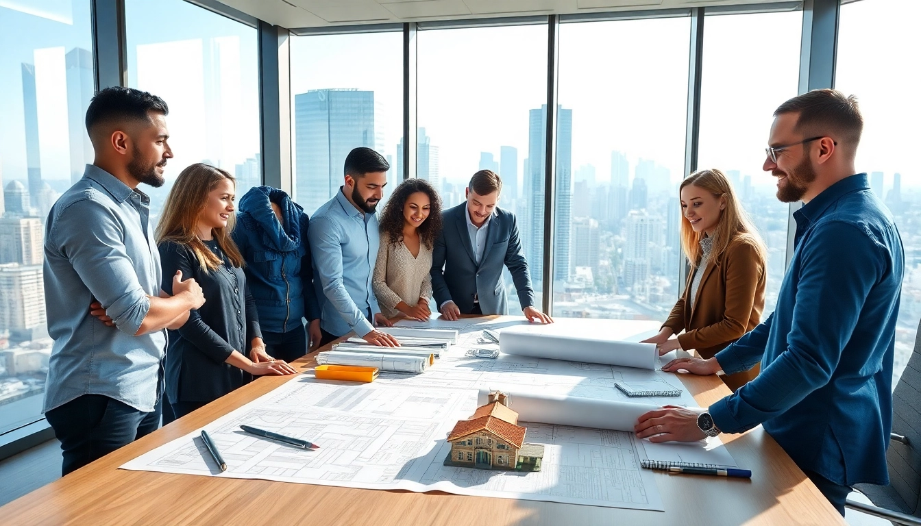 Team collaborating in a real estate construction company office environment, focusing on plans and city views.