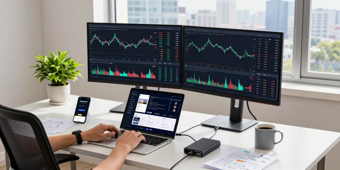 Crypto mining without equipment showcased in a modern trading setup, featuring blockchain data, digital wallets, and advanced DeFi interfaces illuminated by natural light.