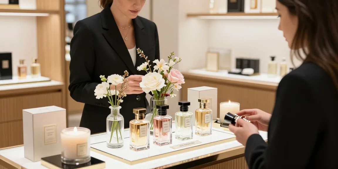 Maison Crivelli perfume display in an elegant retail setting, showcasing high-end fragrances.