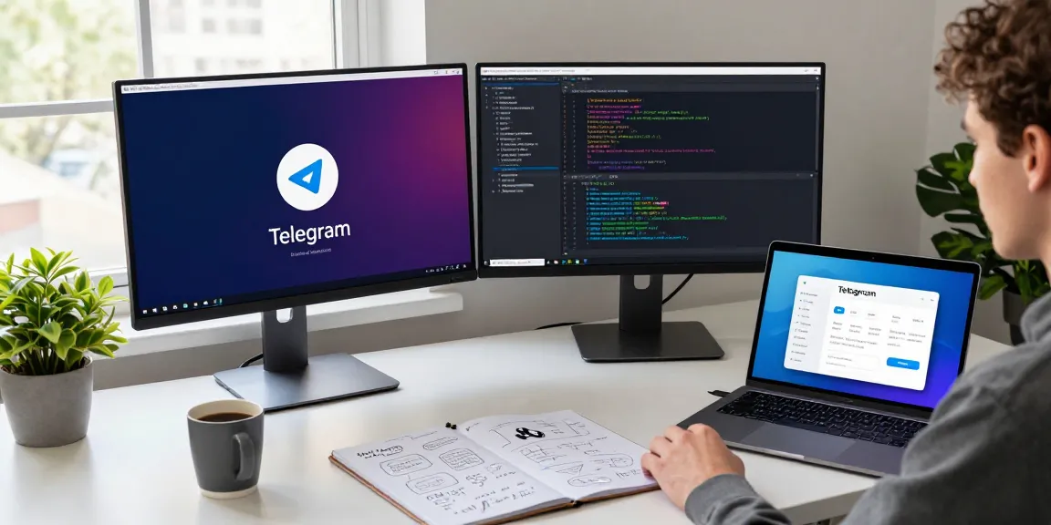 Dynamic tech workspace showcasing Telegram中文 features on dual monitors, emphasizing productivity and coding.