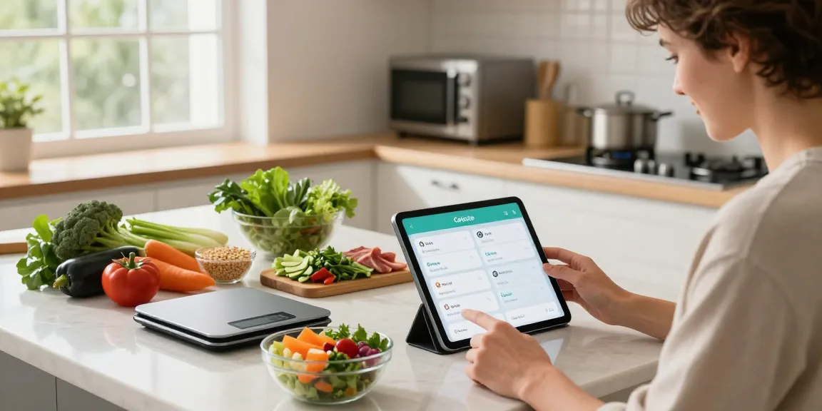 Person using the best AI calorie tracker app in a modern kitchen while preparing a nutritious meal.