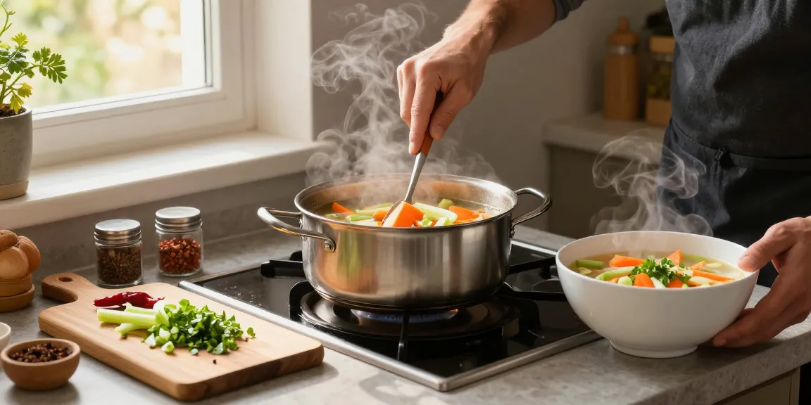 Delicious Klare Suppe, die in einer gemütlichen Küche mit frischen Zutaten und warmem Sonnenlicht gekocht wird.