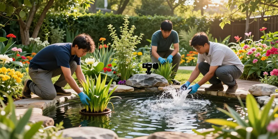 Pond experts installing a beautiful water feature in a lush garden landscape.