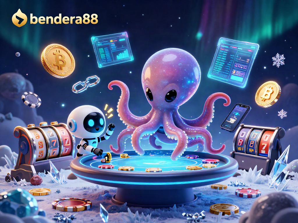 Gambarkan momen menarik bendera88 dengan alien dan robot dalam permainan poker.