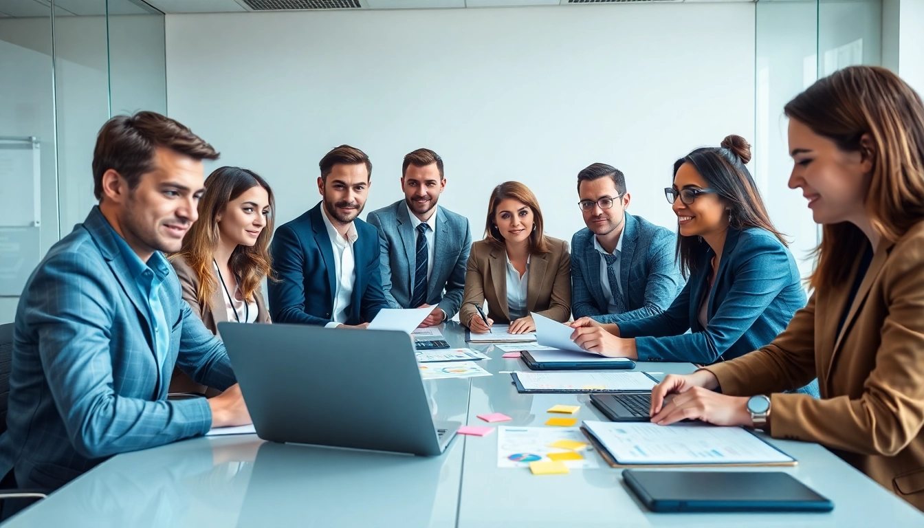 Engaged team collaborating in Proposal Writing and Management at a modern conference table.