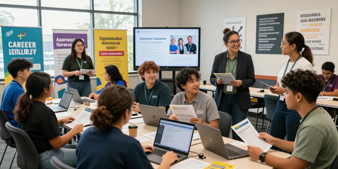 Engaged youth exploring apprenticeship opportunities at a vibrant job fair, showcasing diverse career paths.
