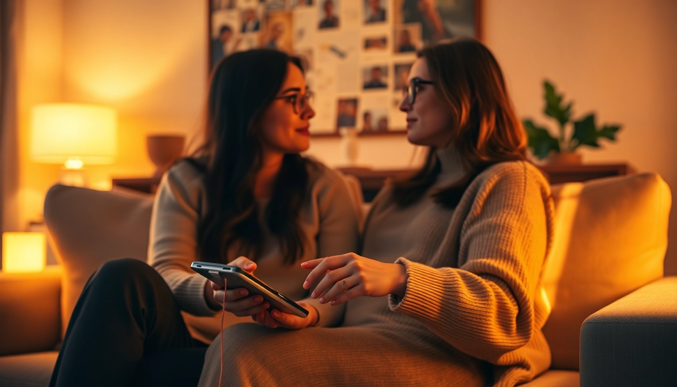 Sexting AI interaction in a cozy modern living room with engaging chatbot interface