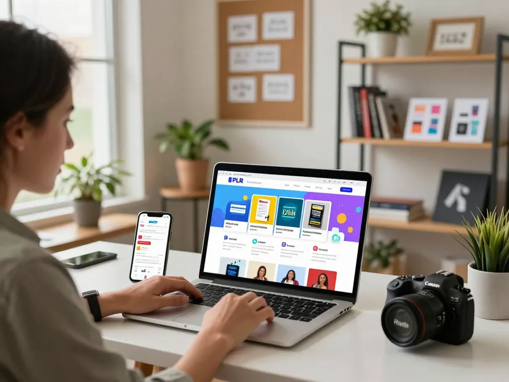 Buy PLR Digital Products in a bright e-commerce workspace with an entrepreneur browsing vibrant digital products.