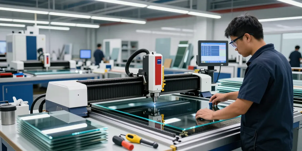 Technician operating a cutting machine glass in a modern industrial workshop setting.