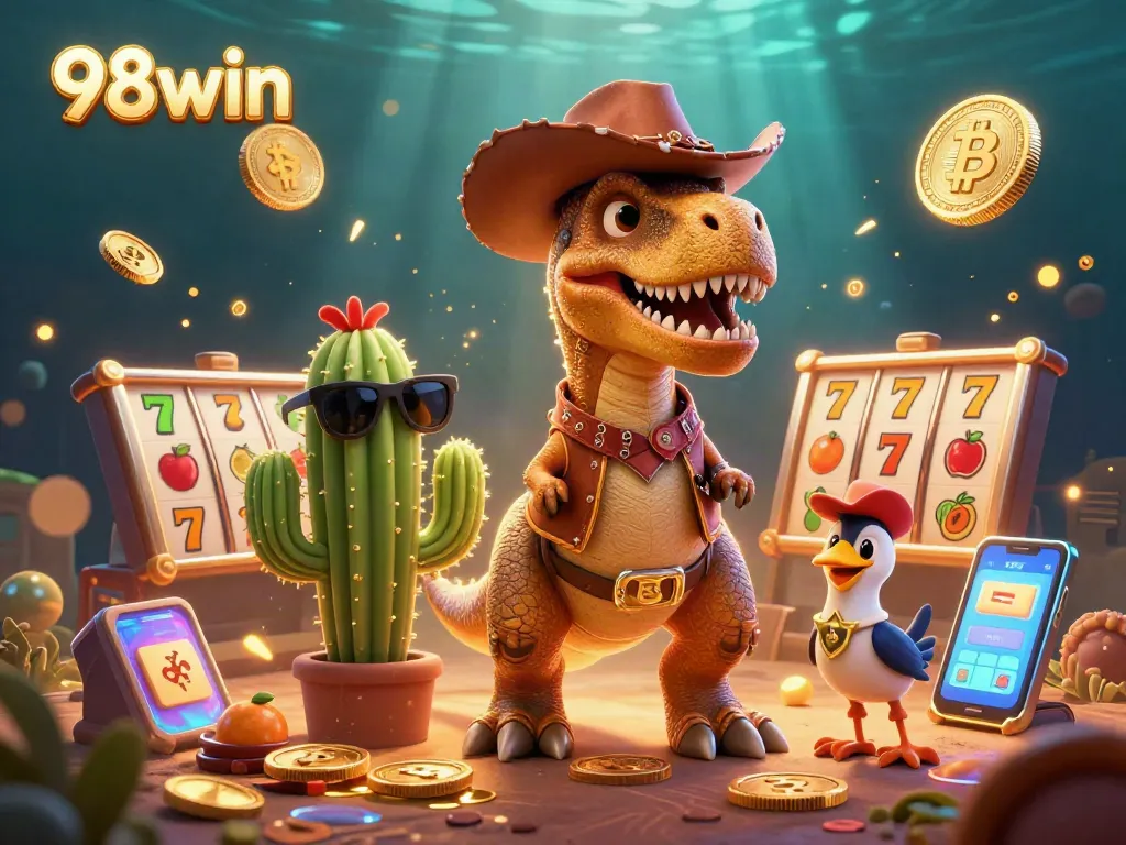 Experience thrilling wins at 98win with dynamic casino elements like jackpots, glowing crypto coins, and vibrant character interactions.