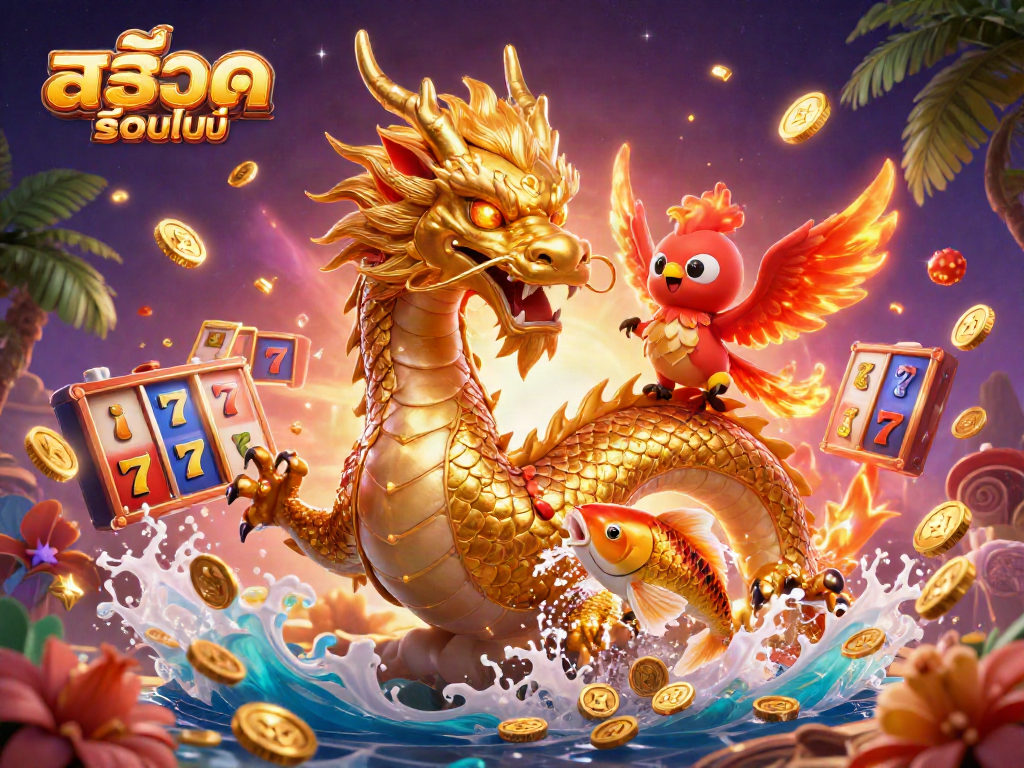 Play excitingสล็อตออนไลน์ with animated characters like a dragon and phoenix in action.