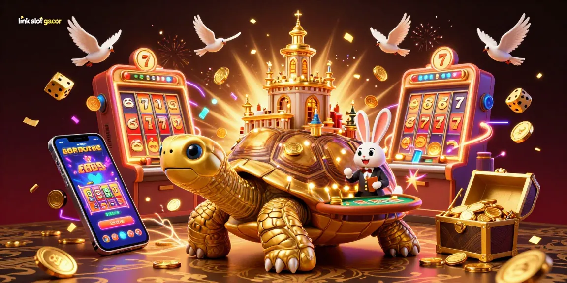 Experience thrilling wins at link slot gacor with golden tortoise and cheerful dealer amidst a vibrant casino scene.