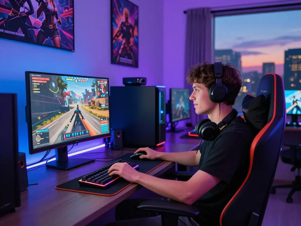 Engaged gamer playing a real porn game on high-end PC in vibrant digital lounge.