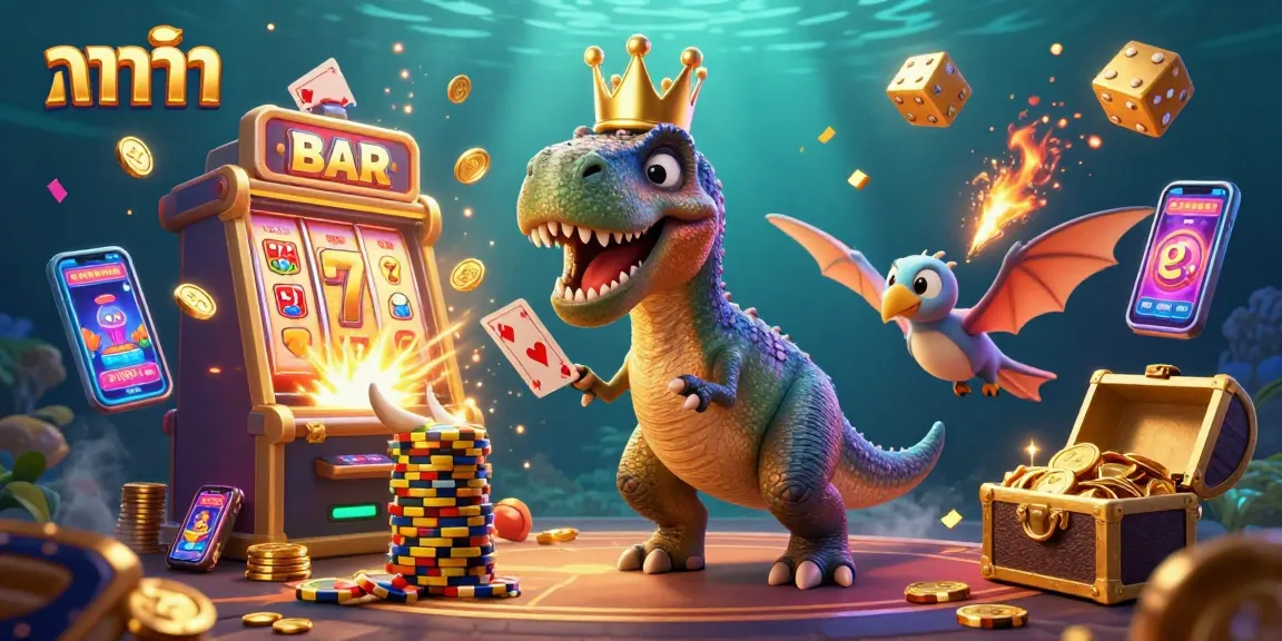 Engage in thrilling baccarat gameplay with a baffled T-Rex shuffling cards in a lively casino scene created with vibrant 3D graphics.