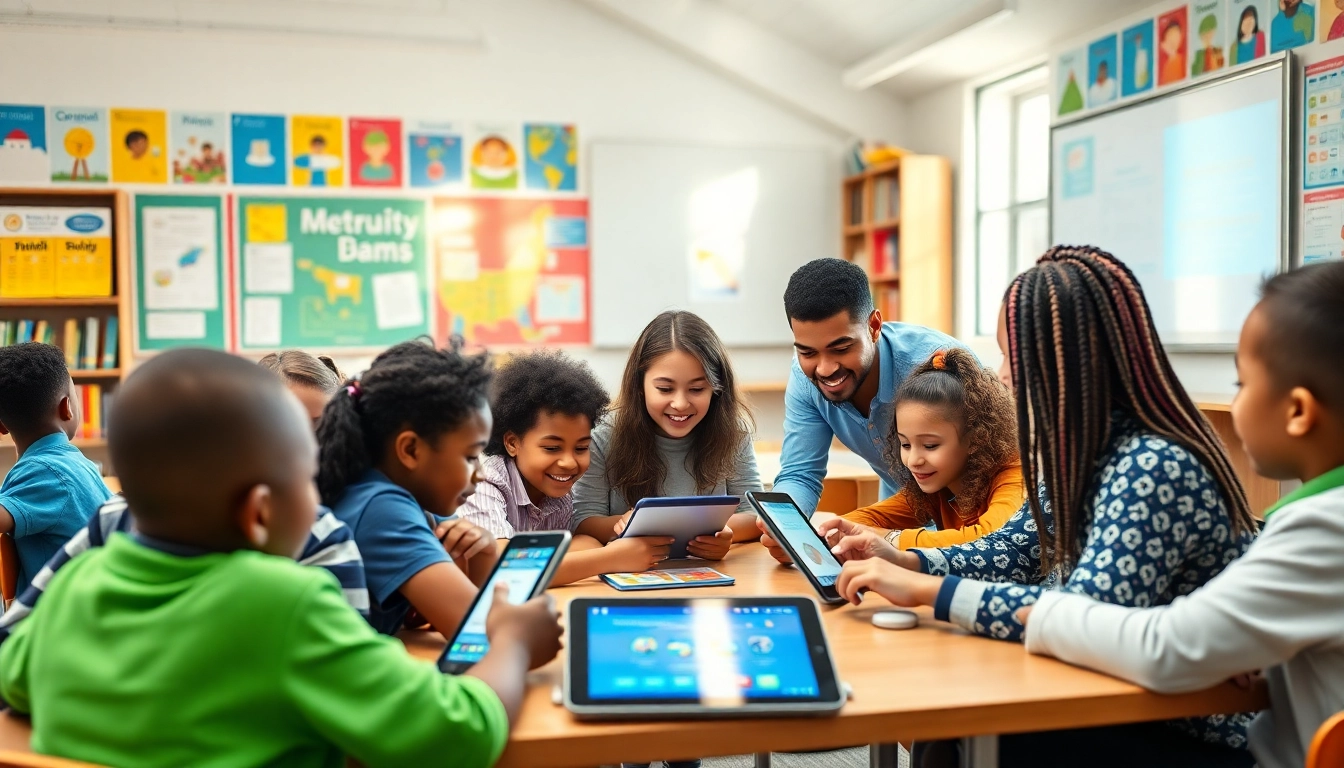 Innovative education scene with diverse students engaged in learning.