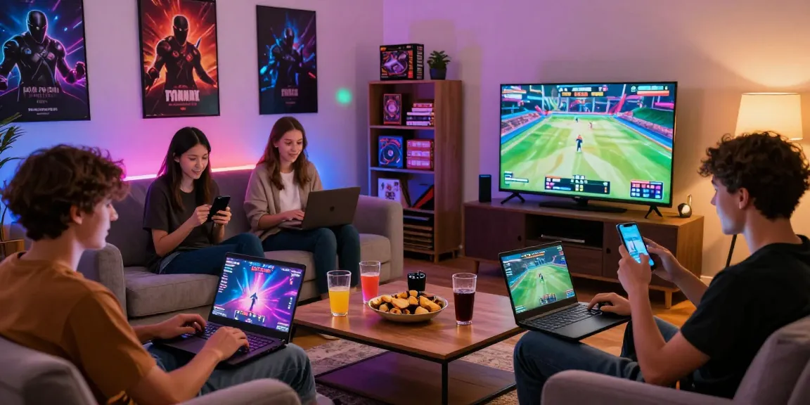 Friends enjoying online gaming with raja328 link showcased on screens in a vibrant living room