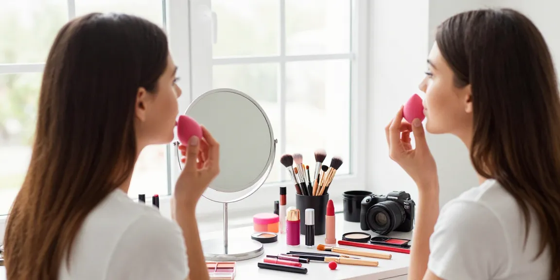 Woman using a silicone beauty blender at a bright vanity.