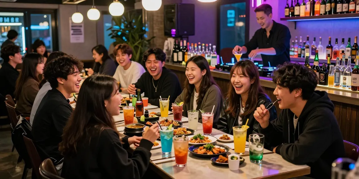 Vibrant nightlife at 상봉동 한국관나이트, friends enjoying drinks and Korean cuisine in a trendy bar.
