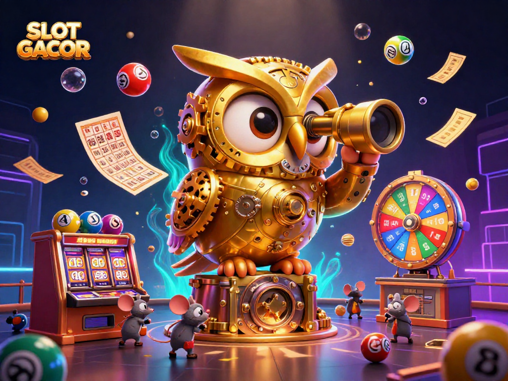 Experience SLOT GACOR with an interactive 3D casino scene filled with vibrant game elements.
