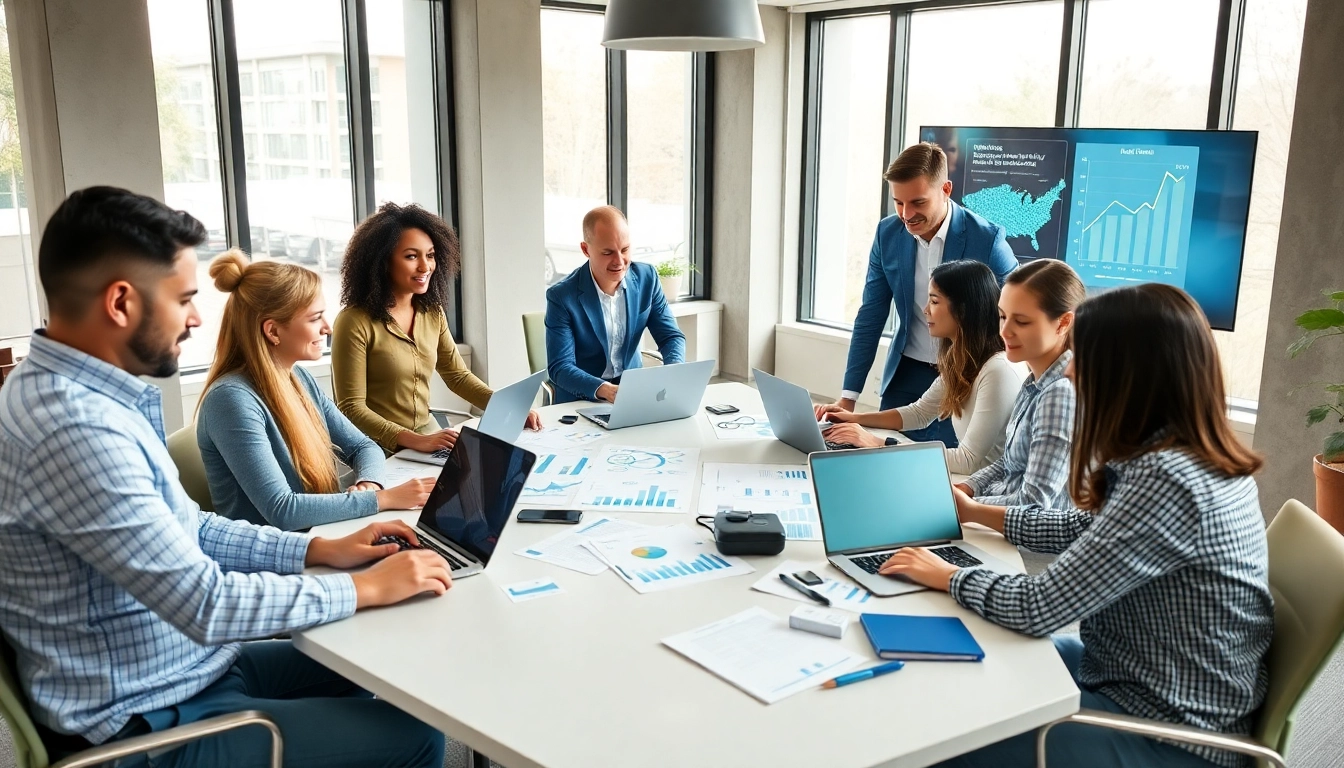 Visual representation of diverse professionals sharing powerful marketing tips in a modern office environment.