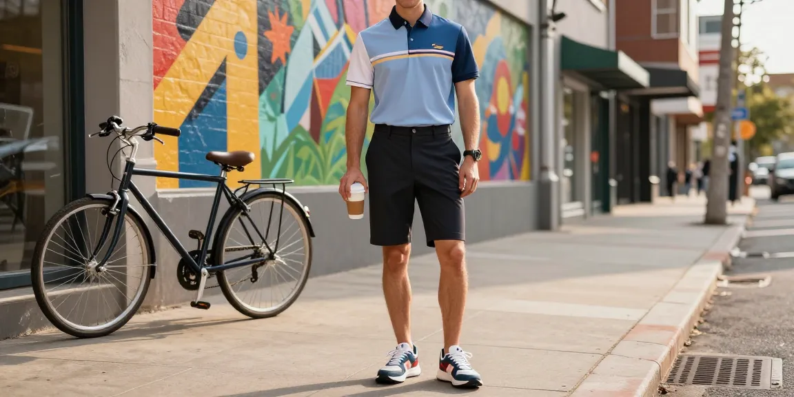 Model wearing 골프웨어 레플리카 in stylish urban setting, showcasing modern golf fashion.