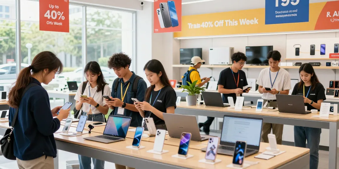Shoppers exploring electronics at rokok88 slot login site with promotional banners.