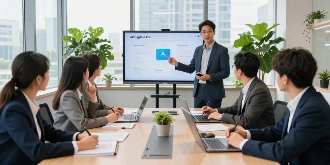 Self-employed professionals collaborating in modern office setting, showcasing Alltogether Plus platform.