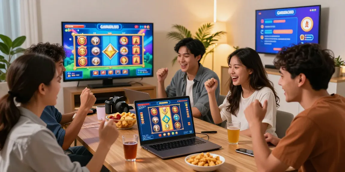 Excited group enjoying Garuda303 online gaming in a vibrant living room.
