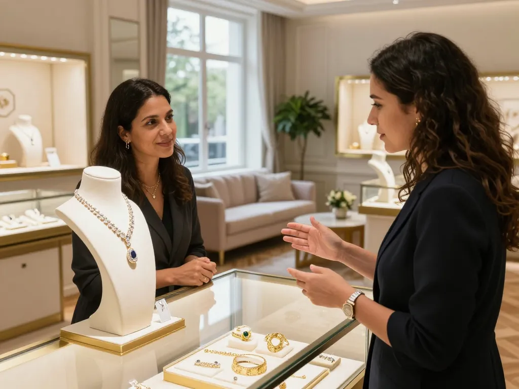 A customer visits an elegant jewelry showroom, exploring beautiful diamond pieces while engaging with a knowledgeable representative.