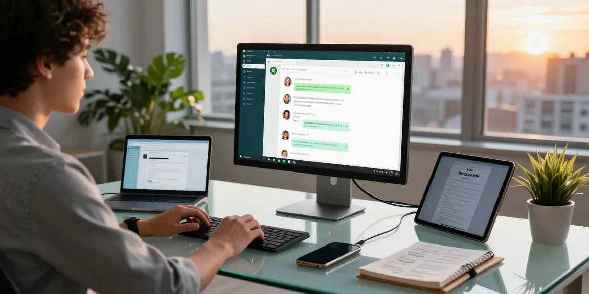 Using WhatsApp電腦版 in a modern workspace with city skyline view.