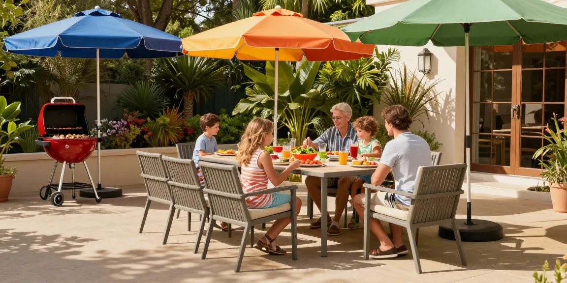Gathering around modern patio furniture during a family barbecue.