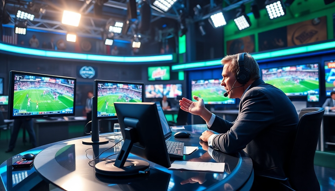 Enhancing the excitement of Sports Broadcasting with an energetic analyst in a modern studio setting.