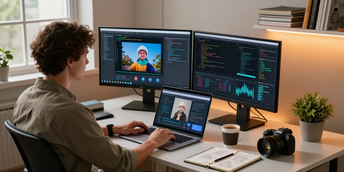 AI image detector interface displayed on dual monitors in a modern workspace for image analysis.