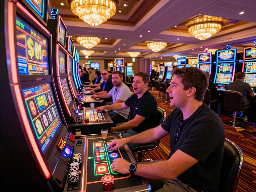 Engaged player pressing spin button at slot machine with a slot bet 100 setup, vibrant casino lights