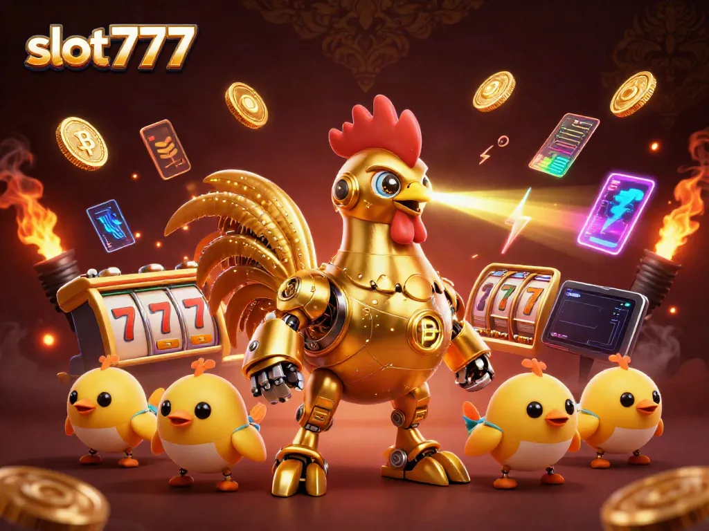 Win big with slot777 games featuring a golden rooster robot and baby chick drones.
