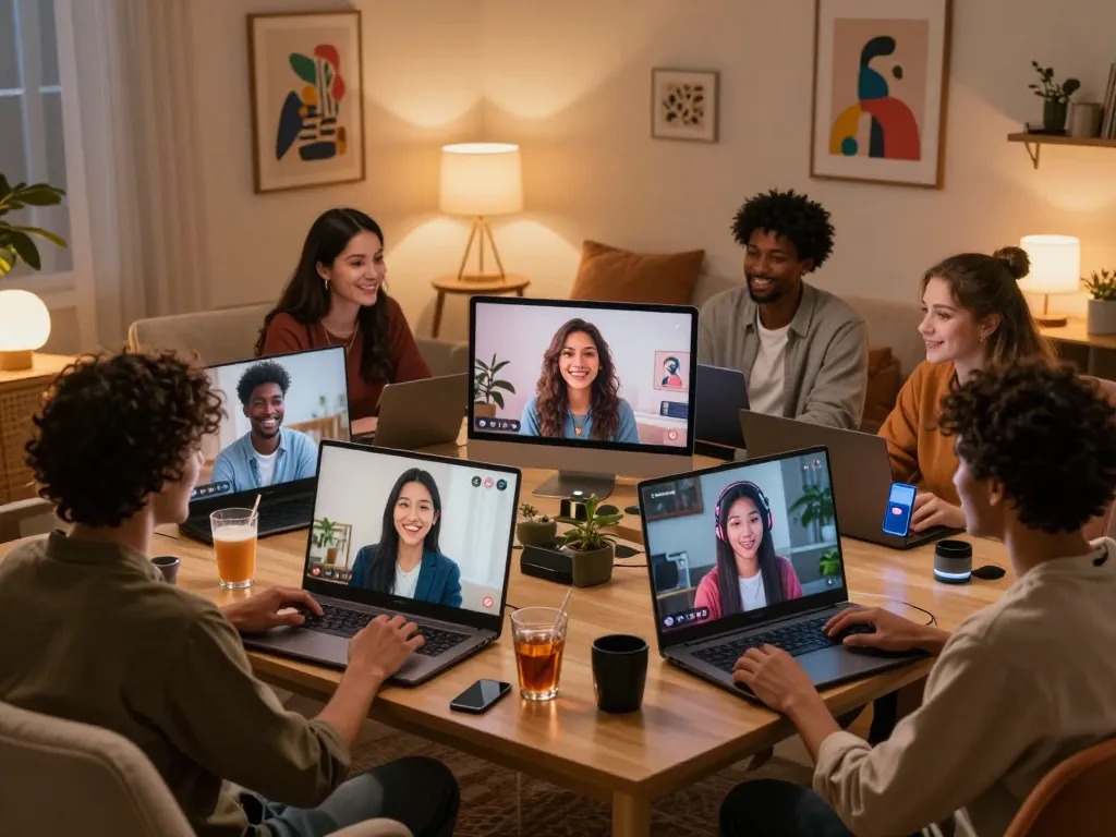 Enjoying engaging ai chat porn interactions in a cozy chat room environment surrounded by tech and personalized avatars.