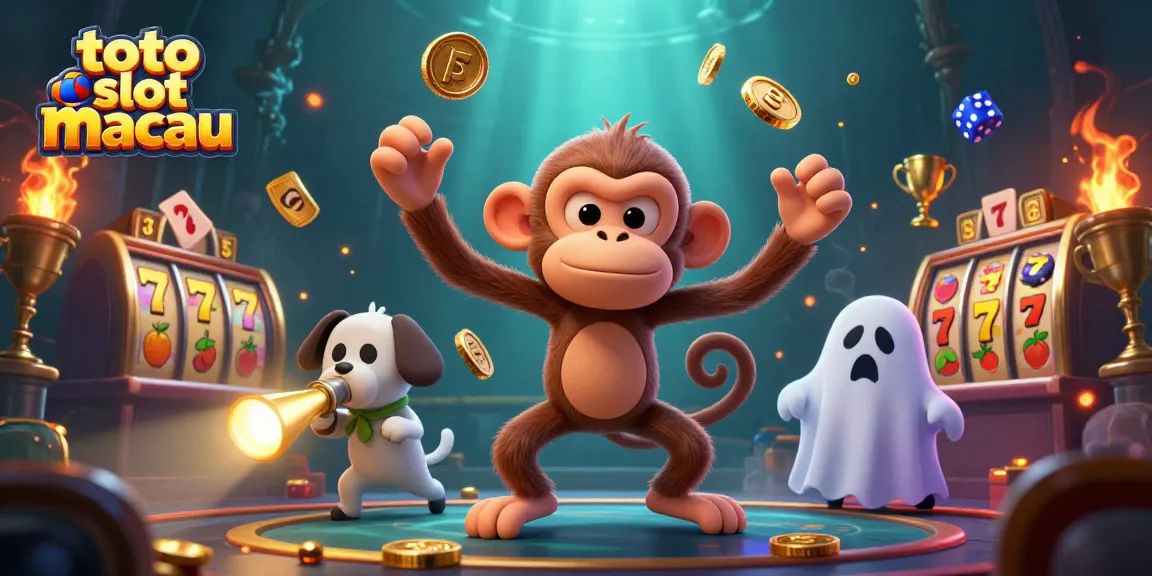 Toto slot macau showcases dynamic 3D cartoon illustration of a mischievous monkey juggling golden casino items with a ghost-hunter puppy in a vibrant casino scene.