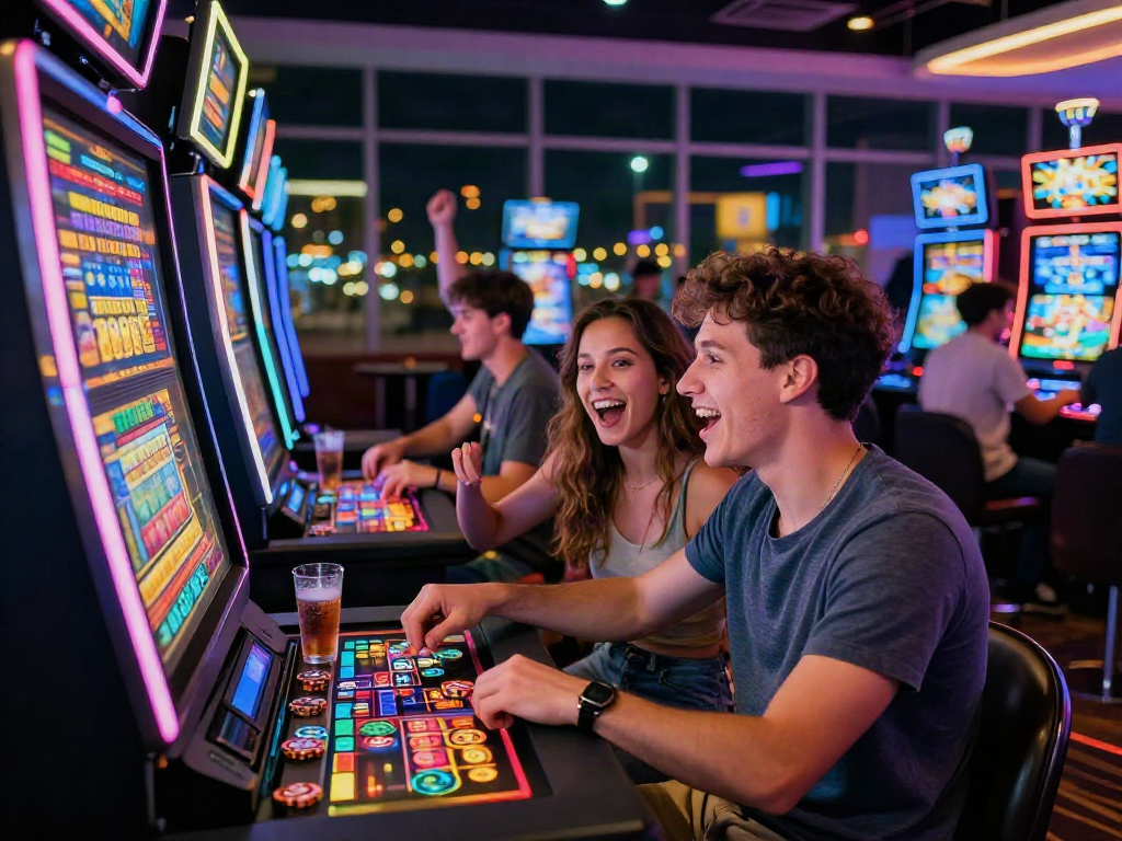 Couple enjoying a bro138 slot login experience at a vibrant casino, showcasing excitement and gaming atmosphere.