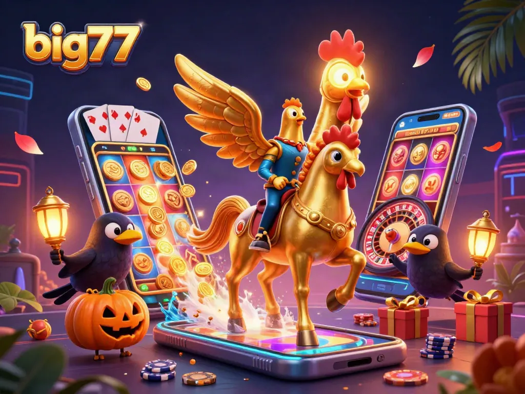 Spin to win big777 jackpots with a golden rooster and casino elements in this vibrant illustration.