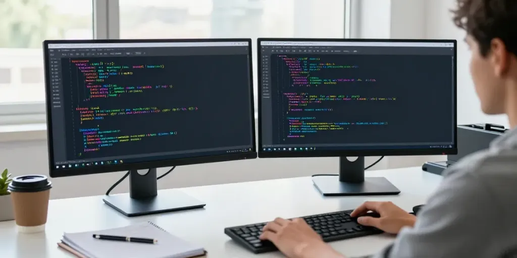 Developer coding with Notepad++ on dual monitors in a bright office