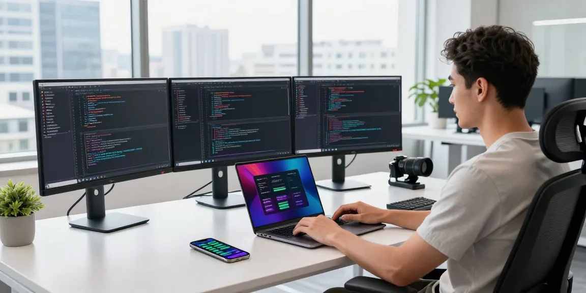Developer using 纸飞机中文版 on dual monitors in a modern workspace, showcasing productivity.