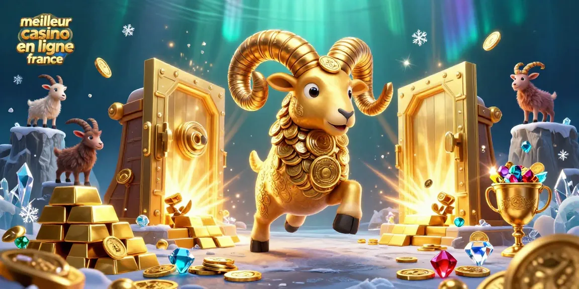 Jouer au meilleur casino en ligne France avec une illustration ludique de ram en or et trésors scintillants.